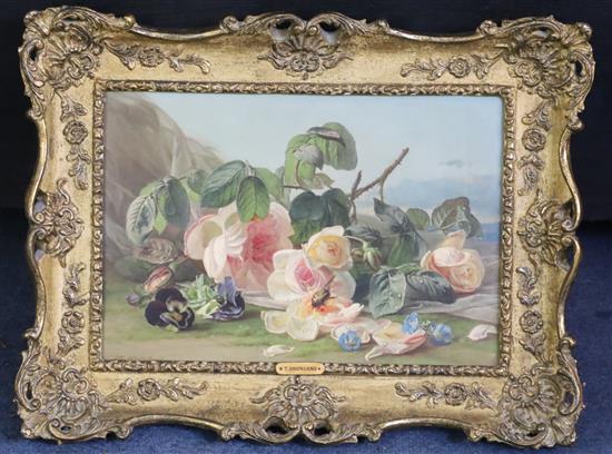 Theude Gronland (1817-1876) Still life of roses, pansies and a beetle 8.25 x 12in.